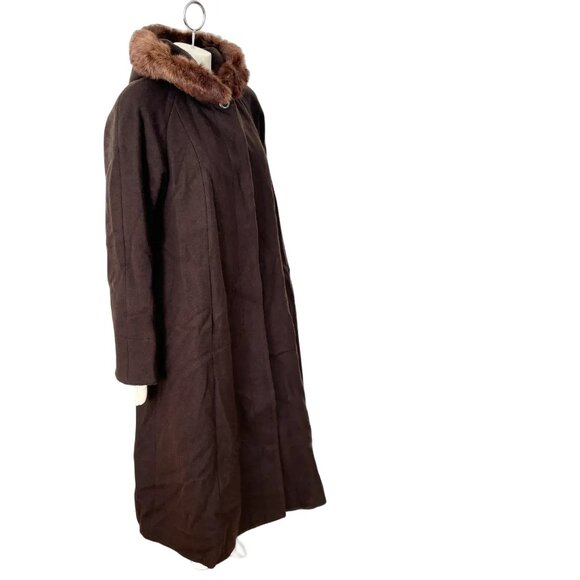 VTG WORTHINGTON 100% Wool Long Swing Coat  Fur Trimmed Hood  Brown  SZ 12 - Picture 6 of 13